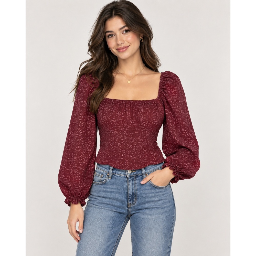 Abercrombie & Fitch Women's M Burgundy Micro Dot Square Neck Puff Sleeve Blouse